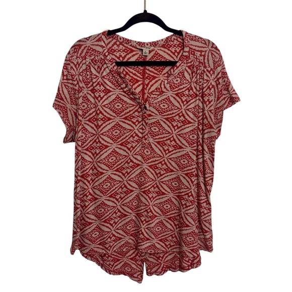 Lucky Brand Tops - ❌❌❌Lucky Brand Vintage Y2K Large Top Orange Boho Short Sleeve Floral V-Neck Knit